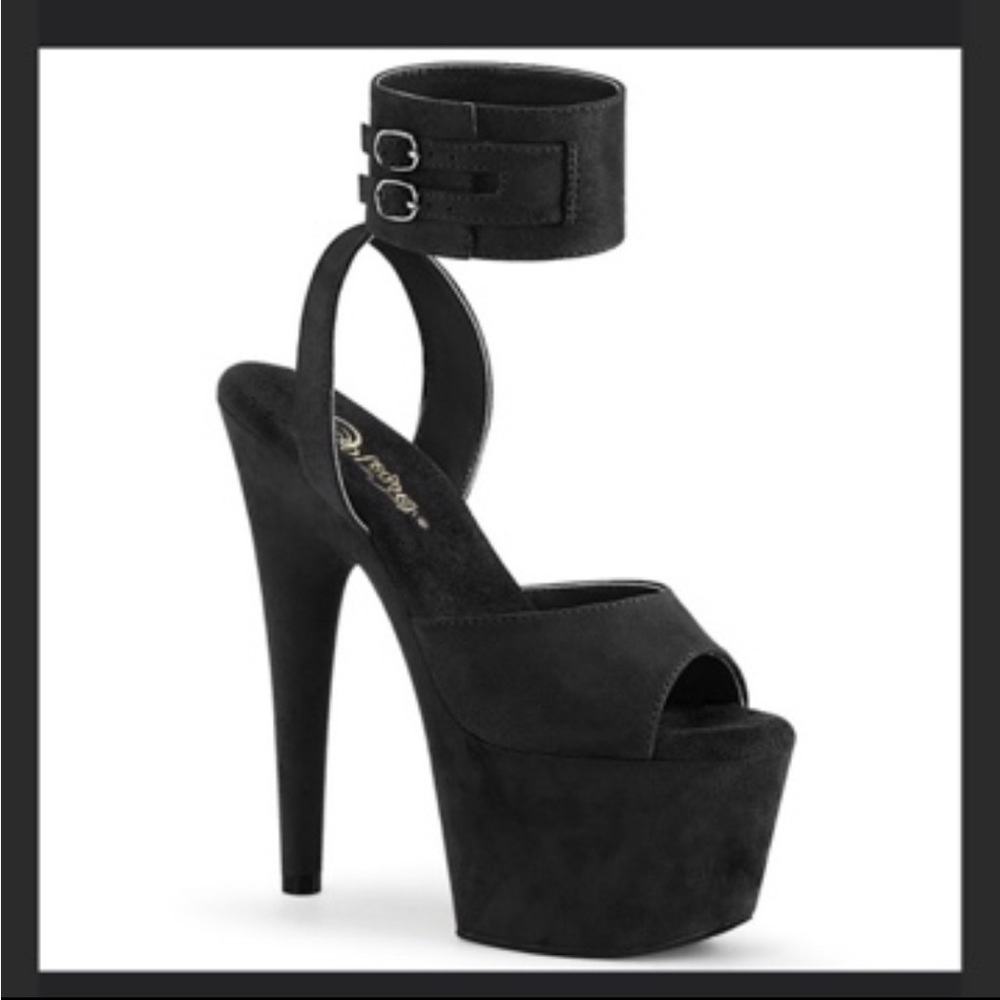 Black Velvet Pleaser With Ankle Cuff Seven Inch Heel in Size 6